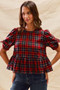 SO ME Christmas Holiday Plaid Ribbon Short Sleeves Top