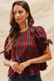SO ME Christmas Holiday Plaid Ribbon Short Sleeves Top