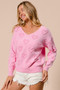 BiBi Valentines Heart Pompom V Neck Knit Top