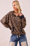 BiBi Leopard Print Waffle Half Zip Up Hoodie W Pocket