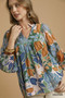 Umgee Multicolor Abstract Floral Print Blouse with Ruffle Neck