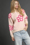 Umgee Round Neck Sweater with Pink Floral Accents