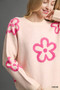 Umgee Round Neck Sweater with Pink Floral Accents
