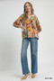 Umgee Multicolor Abstract Floral Print Blouse with Ruffle Neck