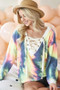 BiBi Tie Dye Deep V-Neck Top with Lace Up Front