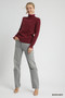 Umgee Ribbed Round Neck Sweater with Ruffle Contrast Trim