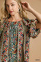 Umgee Boho Floral Stripe Puff Sleeve Blouse
