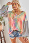 BiBi V Neck Tie Dye French Terry Top with Shiny