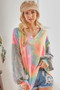 BiBi V Neck Tie Dye French Terry Top with Shiny