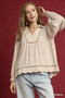 Umgee Full Size Linen Scallop Hem Blouse with Contrast Trim Plus Size