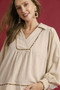 Umgee Full Size Linen Scallop Hem Blouse with Contrast Trim Plus Size