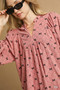 Umgee Corduroy Bow Print Balloon Sleeve Blouse