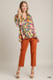 Umgee Full Size Satin Paisley Ruffle Neck Button-Up Shirt Plus Size