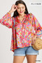 Umgee Full Size Satin Paisley Ruffle Neck Button-Up Shirt Plus Size