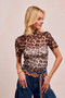 BiBi High Neck Leopard Mesh Short Sleeves Top