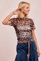 BiBi High Neck Leopard Mesh Short Sleeves Top