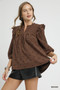 Umgee Bow Print Corduroy Puff Sleeve Blouse with Ruffled