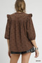 Umgee Bow Print Corduroy Puff Sleeve Blouse with Ruffled