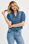RISEN Button Down Puff Sleeve Crop Denim Shirt