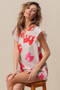 BiBi Bow Printed Woven Ruffled Sleeves V Neck Top