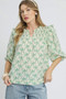 Umgee Ruffled Bow Print Notched Blouse