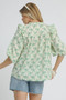 Umgee Ruffled Bow Print Notched Blouse
