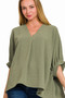 Zenana Woven Airflow V-neck Puff Half Sleeve Top