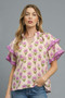 Umgee Floral Print Ruffle Short Sleeve Blouse