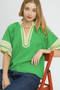 Umgee Contrast Trim Notched Puff Sleeve Blouse