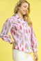 Umgee Floral Print Lantern Sleeve Button Down Shirt