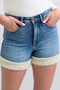Judy Blue Full Size Hw Tummy Control Shearling Cuff Denim Shorts Plus Size