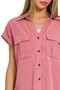 Zenana Tencel V-neck Collared Top W Front Flap Pockets