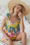 BiBi Circular Tie Dye Knit V Neck Top With Ruffle
