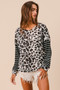BiBi Leopard Hacci Knit Twist Back Top With Stripe Sleeve