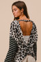BiBi Leopard Hacci Knit Twist Back Top With Stripe Sleeve