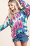 BiBi Tie Dye Print Terry Top with Puff Sleeves