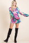 BiBi Tie Dye Print Terry Top with Puff Sleeves