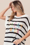 BiBi Vacay Mode Lettering Drop Shoulder Striped Sweater