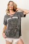 BiBi Washed Laser Cut Detail Cool Mom Print Top