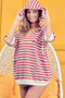 BiBi Stripe Fleece Notch Neck Short Sleeve Hoodie