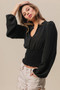 BiBi Smoking Waist Band and Puff Sleeves Deep V Neck Top
