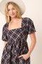 Mittoshop Checkered Print Puff Sleeve Babydoll Mini Dress