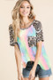 BiBi Tie Dye Knit Top with Leopard Raglan Sleeves