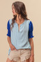 BiBi Air Flow Color Block Puff Sleeves V Neck Top