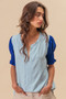 BiBi Air Flow Color Block Puff Sleeves V Neck Top
