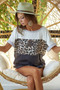 BiBi Leopard Printed Jersey  Color Block Roll Up Top