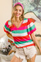 BiBi Multi Stripe Color Print Puff Sleeves V Neck Top