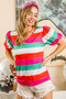 BiBi Multi Stripe Color Print Puff Sleeves V Neck Top