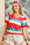 BiBi Multi Stripe Color Print Puff Sleeves V Neck Top