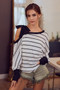 BiBi Stripe Yarn Dye Waffle One Shoulder Ribbon Detail Top